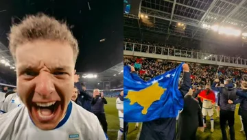 Gëzimi i lojtarëve pas fitores historike – FFK publikon pamjet e festës me tifozët, s’mungon flamuri “Kuq e Zi” (VIDEO)